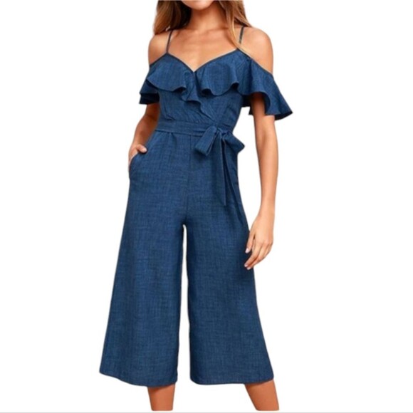 Lulu's Chambray Wide Leg Cold shoulder Jumper Small - Picture 1 of 8